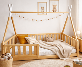 Lit enfant tipi en bois naturel avec barrières de sécurité, ambiance chambre enfant chaleureuse